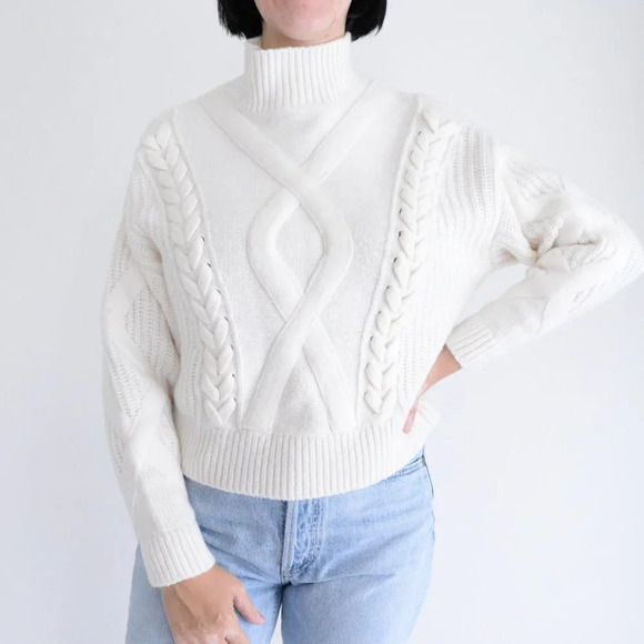 Elizabeth and James Cream Cable Knit Slightly Cropped Mockneck Sweater Med - Picture 2 of 12